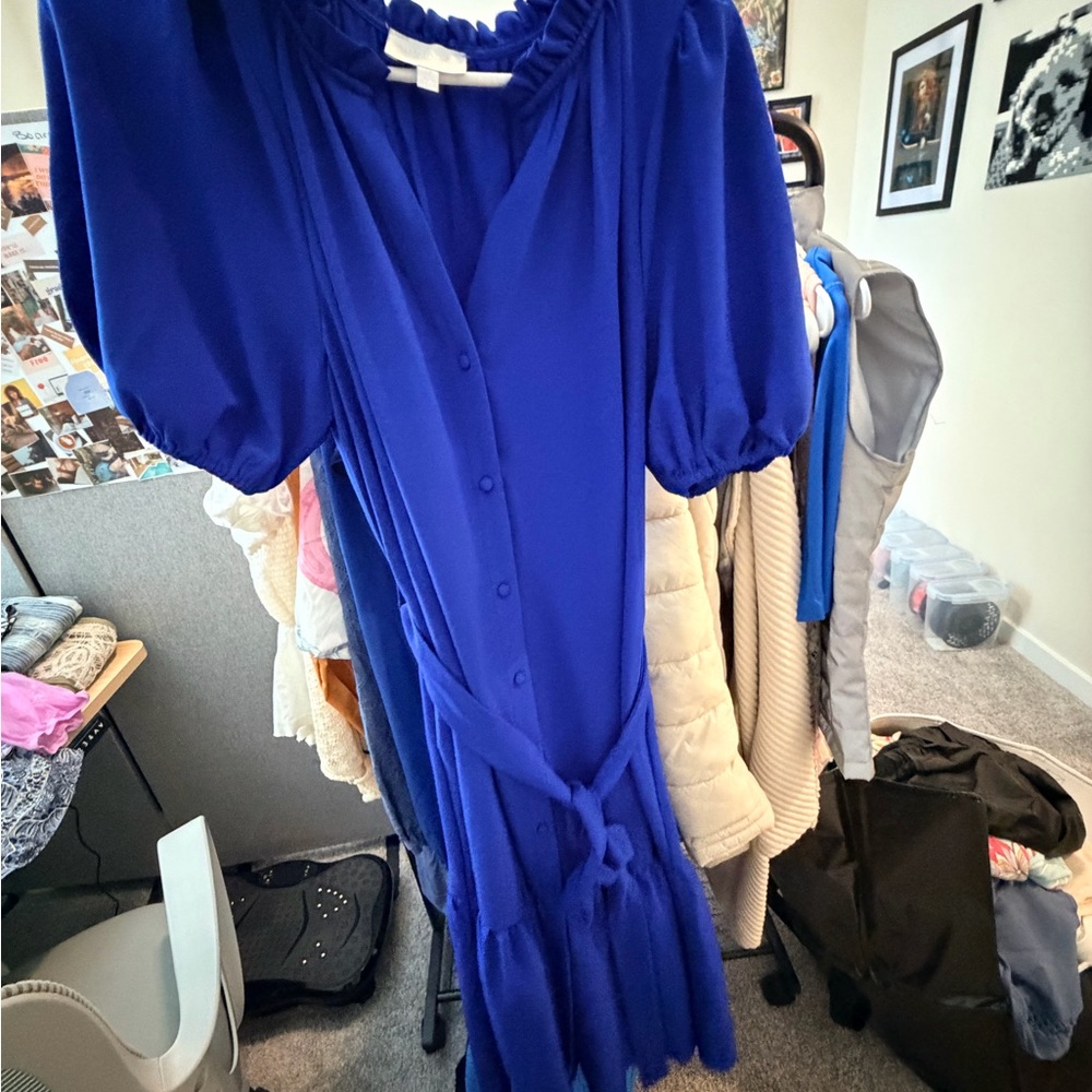 Sugarlips Cobalt Blue Button-Front Midi Dress with Tie Waist